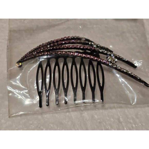 Black Hair Comb With Pink & Clear Rhinestones Decorative Design - Picture 1 of 4